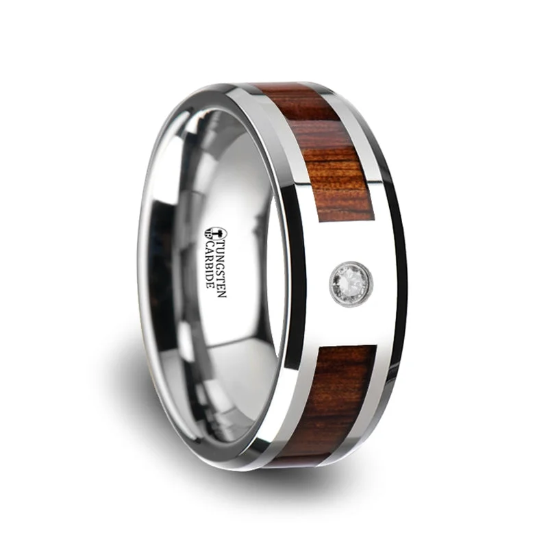 White gold engagement rings with diamonds-Tungsten Men's Wedding Band with Koa Wood Inlay & Diamond