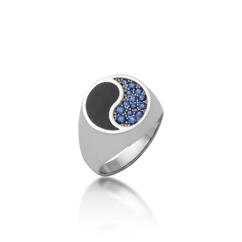 Custom wedding rings for ladies-Yin Yang Black Coral Ring in White Gold with Blue Sapphires - 17.5mm