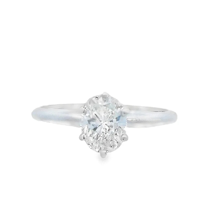 Modern engagement rings with asymmetrical design-14K White Oval Diamond 0.75Ct Solitaire Engagement Ring