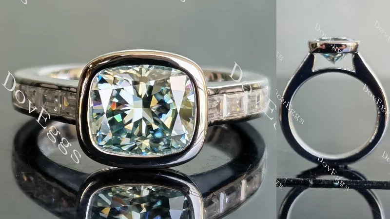 Elegant engagement rings with a twist band-DovEggs bezel channel set colored moissanite/colored gem engagement ring