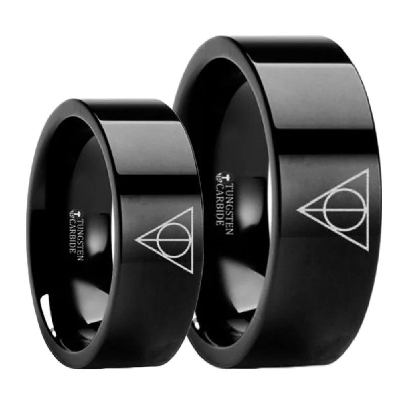 Special occasion ladies rings-Harry Potter Deathly Hallows Black Tungsten Couple's Matching Wedding Band Set