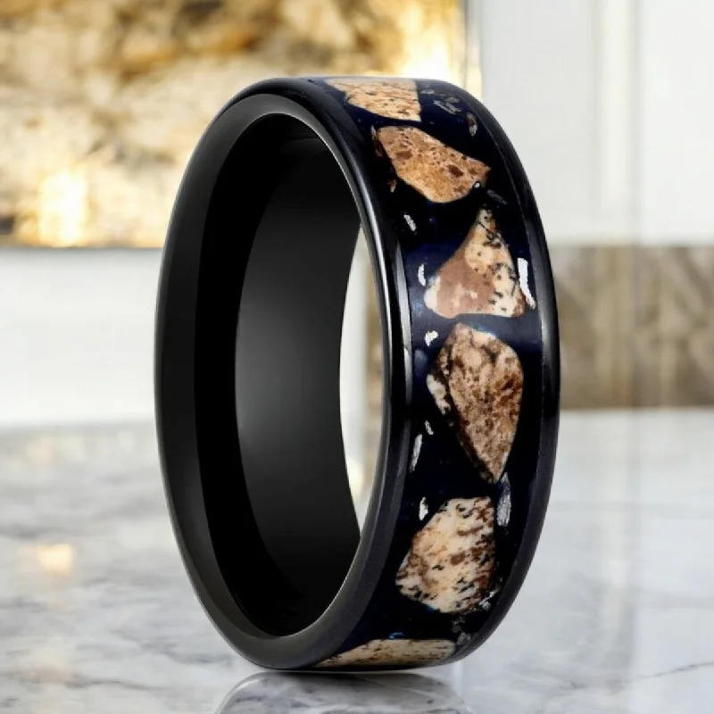 Contemporary design ladies rings-DESERTSTONE | Black Tungsten Ring, Rhodochrosite Inlay, Beveled, 8mm