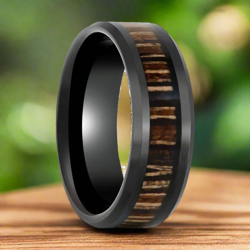 Mixed metal ladies rings-MESA | Black Tungsten Ring, Brazilian Tigerwood Inlay, Beveled