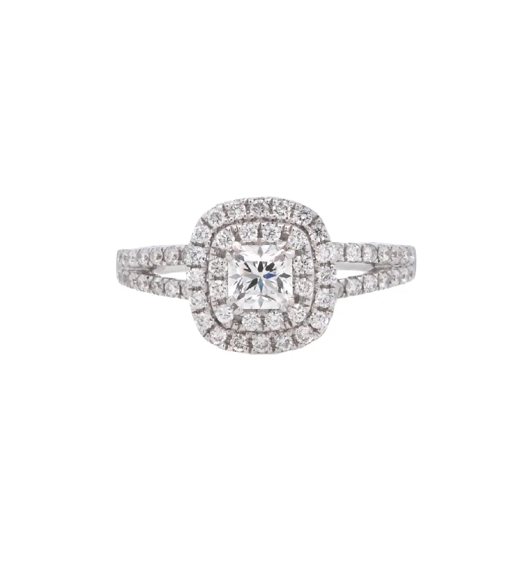 Engagement rings with vintage diamonds-18K White Princess Diamond 1.02Ct Double Halo Engagement Ring