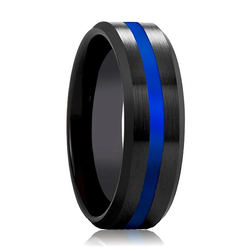 Unique wedding band rings for women-POLICE Blue Stripe Wedding Band