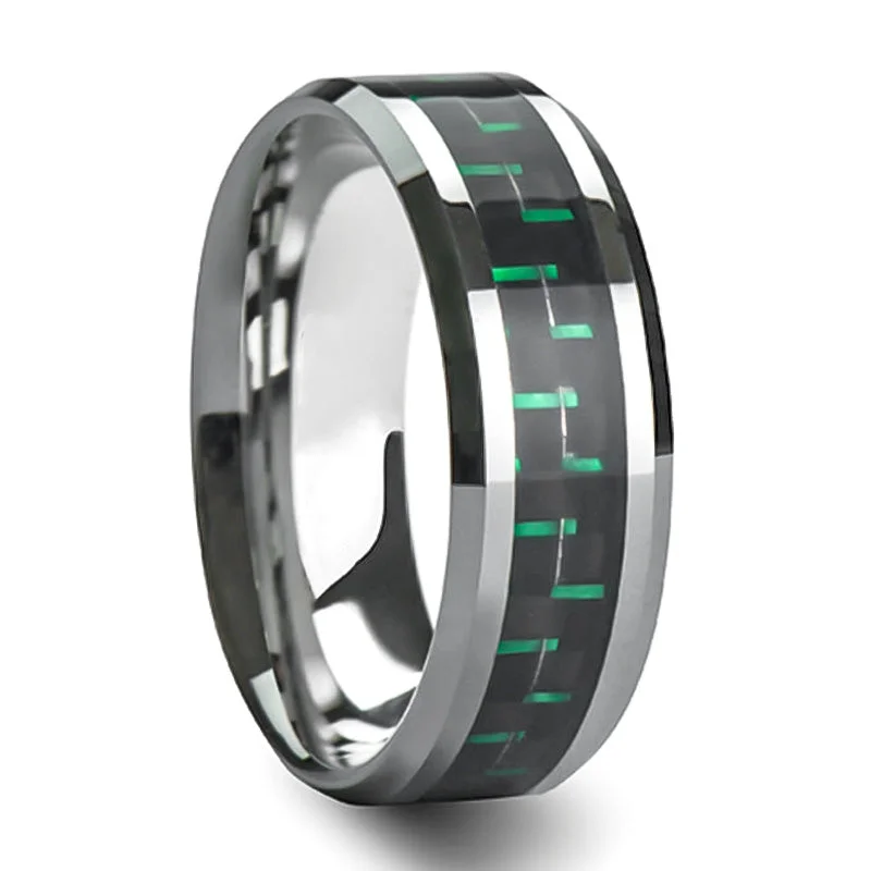 Custom wedding rings for ladies-Tungsten Men's Wedding Band with Black & Green Carbon Fiber Inlay