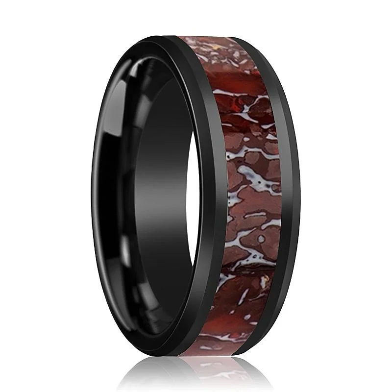 Stylish rose gold ladies rings-REXXY | Ceramic Ring Red Dinosaur Bone Inlay