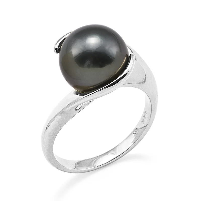 Unique wedding rings for women-Tahitian Black Pearl Ring in White Gold - 10-11mm