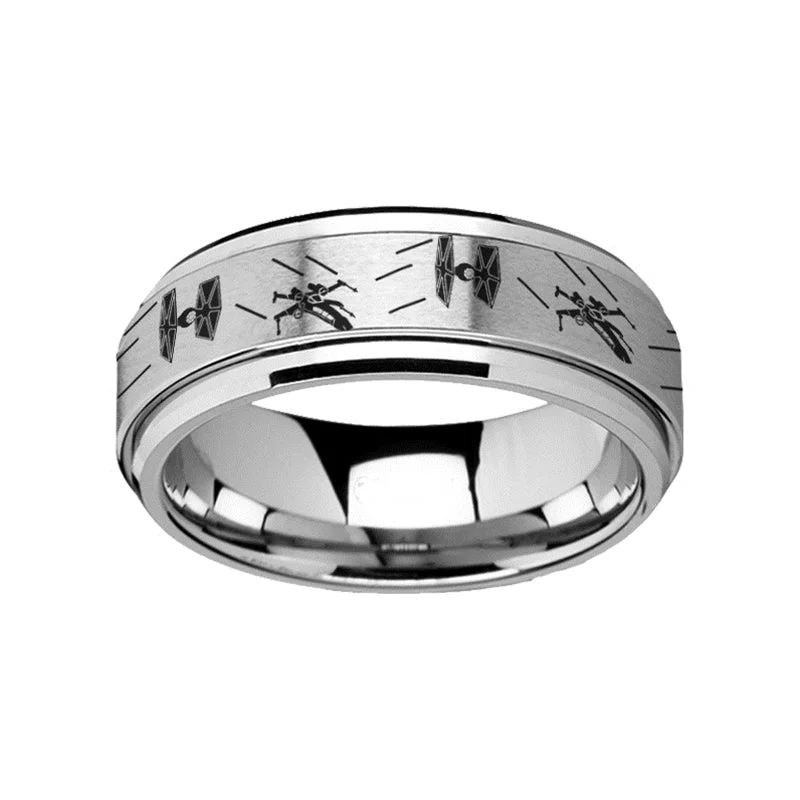 Handmade ladies rings with designs-Star Wars Tie Fighter X-Wing Spinner Tungsten Wedding Band