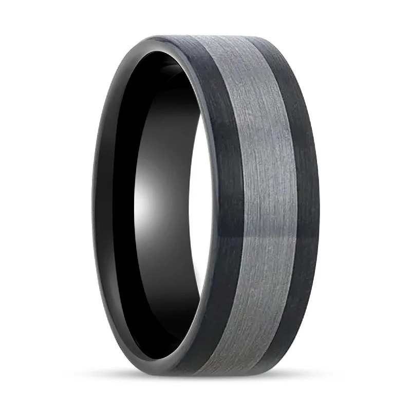 Contemporary design ladies rings-ENDAST | Black Ceramic, Tungsten Inlay, Brushed, Flat