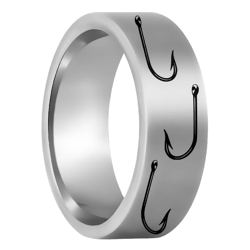 Stackable ladies rings for stacking-Fishing Hook Tungsten Men's Wedding Band