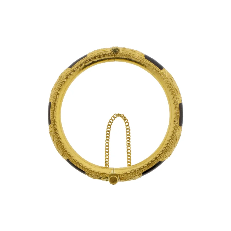 Gold bangles for casual wear-22K Yellow Gold Engraved Bangle with Onyx