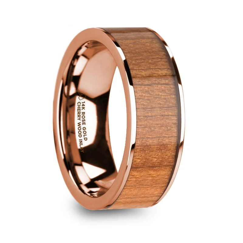 Ladies rings with turquoise-Cherry Wood Inlay 14k Rose Gold Men's Wedding Band