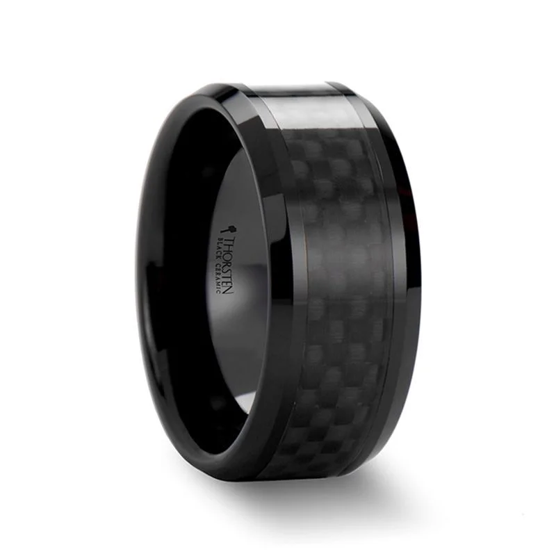 Designer ladies rings for brides-ONYX | Ceramic Ring Black Carbon Fiber Inlay