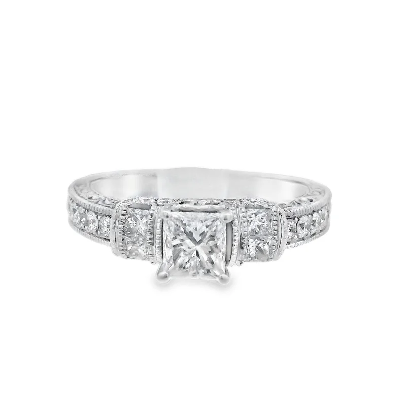 Modern engagement rings with intricate designs-14K White Princess Diamond 1.20Ct 3 Stone Engagement Ring