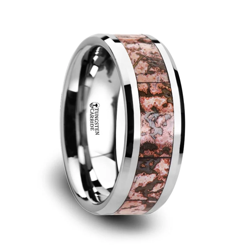 Colorful ladies rings for fashion-Tungsten Men's Wedding Band with Pink Dinosaur Bone Inlay