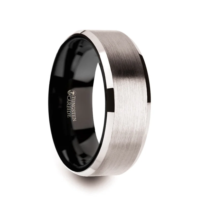 Affordable gold ladies rings-White Tungsten Men's Wedding Band with Contrasting Black Interior