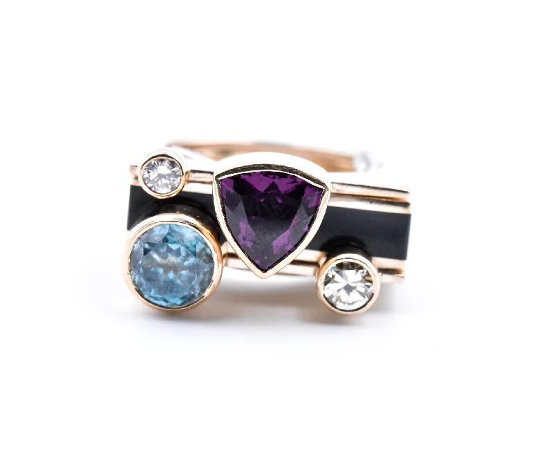 Engagement rings with alternative stones-14k Yellow Gold Garnet, Zircon, Diamond, and Onyx Geometric Ring