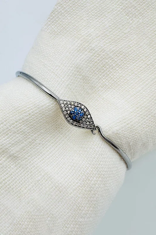 Gold bangles for casual wear-RHODIUM SILVER DIAMOND & SAPPHIRE EVIL EYE BANGLE