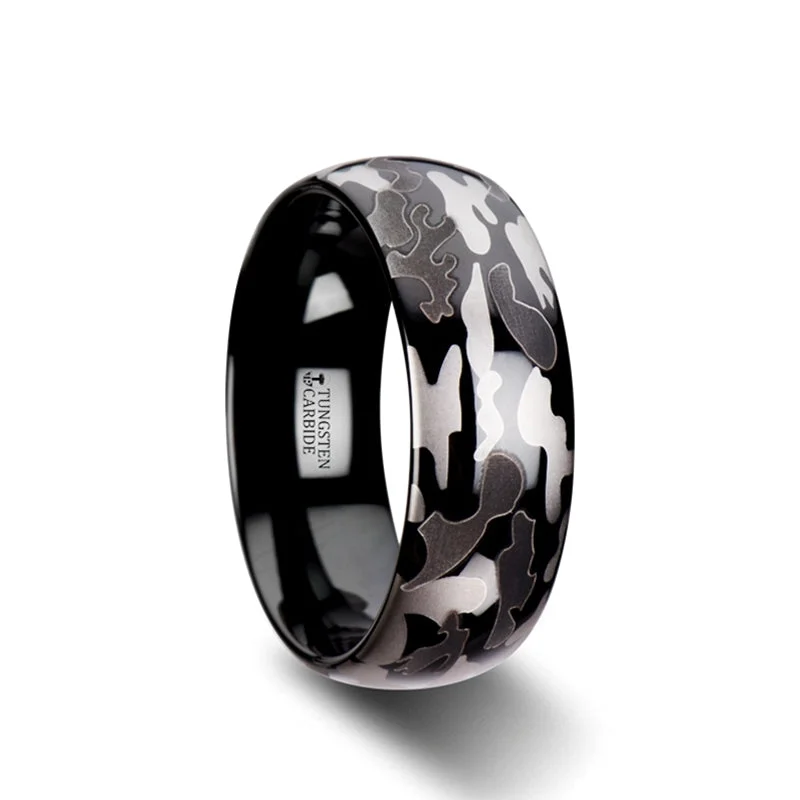 Personalized ladies rings for gifts-Black & Gray Camo Men's Black Tungsten Wedding Band