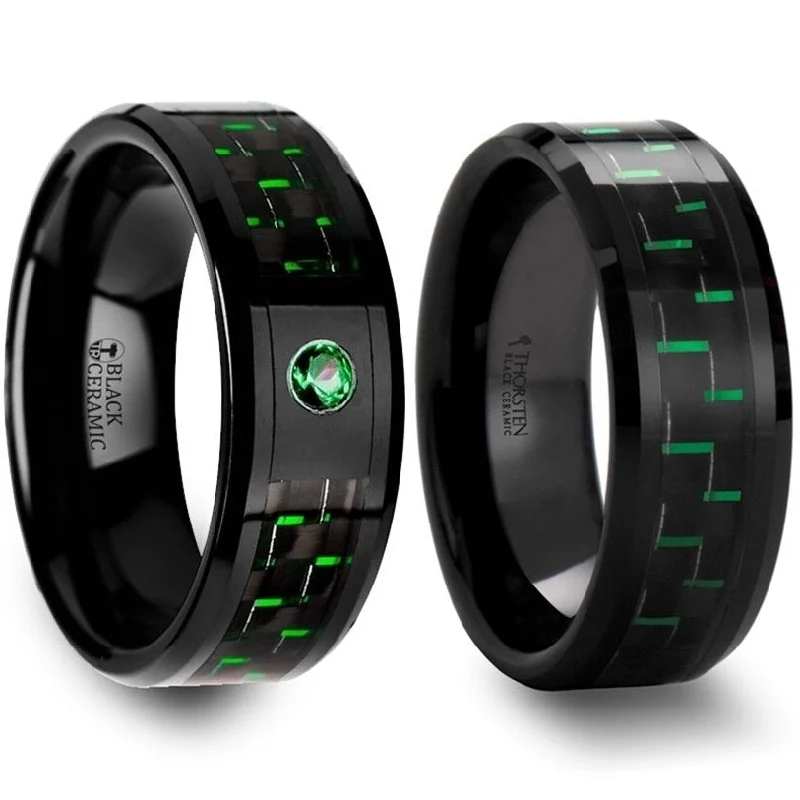 Stackable ladies rings for stacking-Black & Green Carbon Fiber Inlaid Black Ceramic Couple's Matching Wedding Band Set