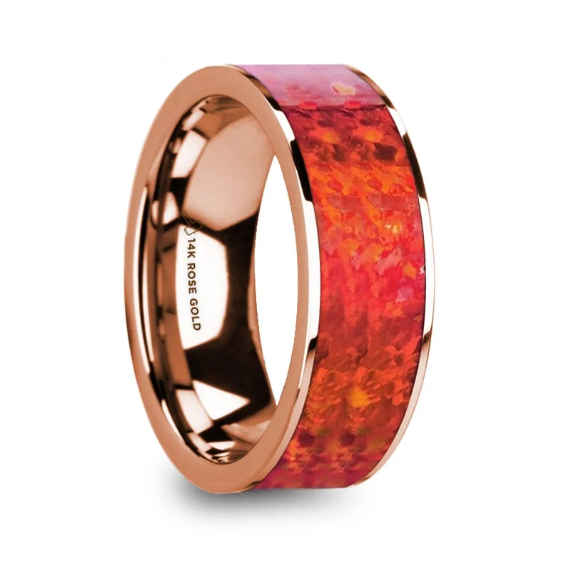 Luxury ladies rings with rubies-Red Opal Inlay 14k Rose Gold Men's Wedding Band