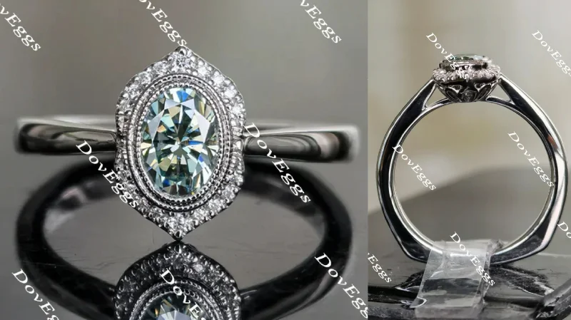 Engagement rings with round-cut diamonds-Doveggs oval flower shape halo Peacock blue moissanite engagement ring