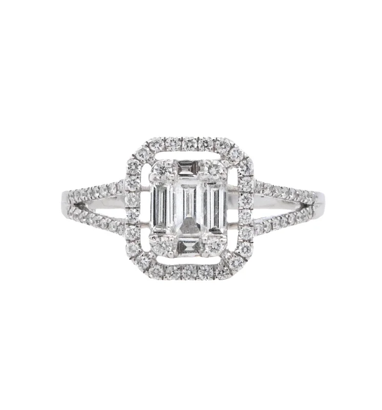 Engagement rings with sapphire accents-18K White Emerald- Cut Diamond 0.70Ct Halo Engagement Ring