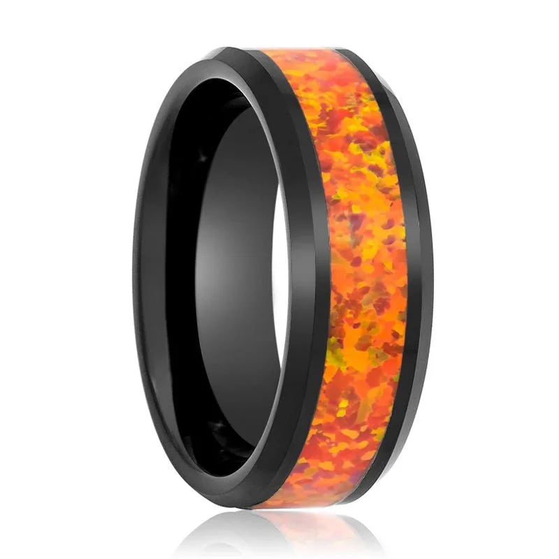 Exclusive designer ladies rings-DRAGON | Tungsten Ring Orange Opal Inlay