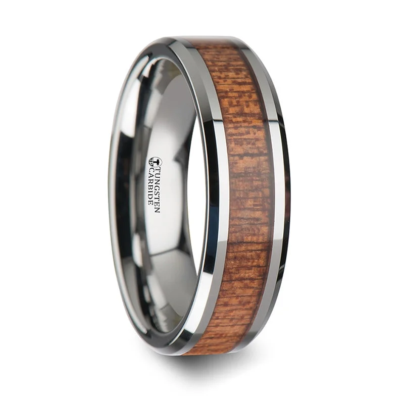 Affordable gemstone ladies rings-Tungsten Men's Wedding Band with Sapele Wood Inlay