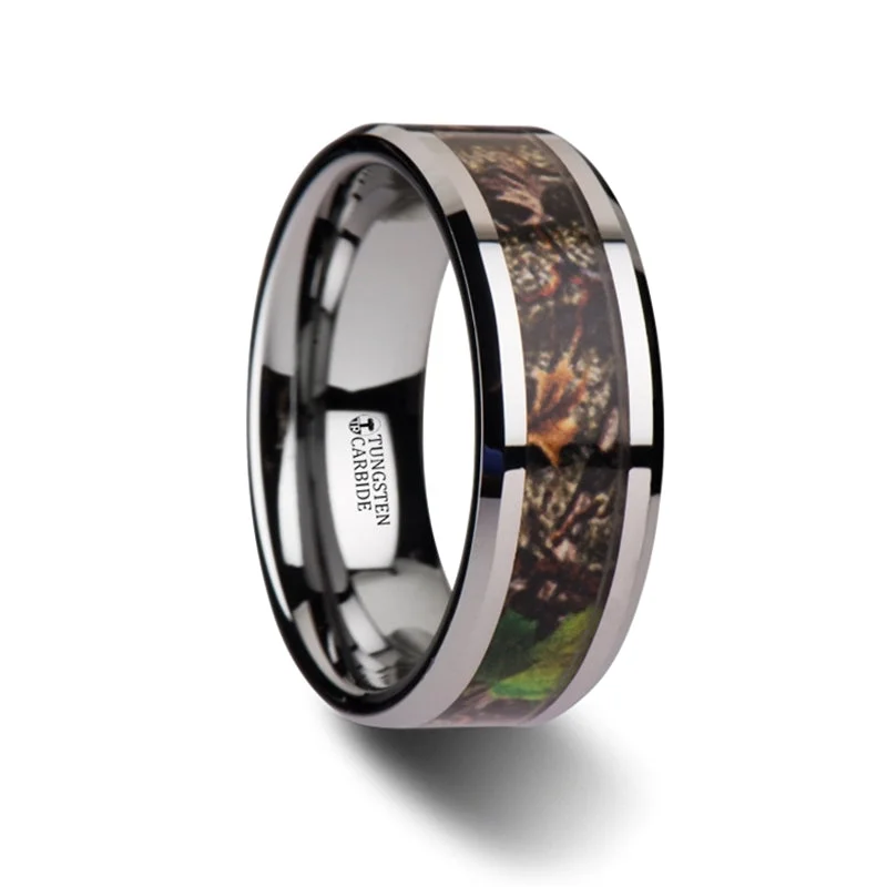 Bold ladies rings with large stones-Tungsten Men's Wedding Band with Tree Camoflauge Inlay