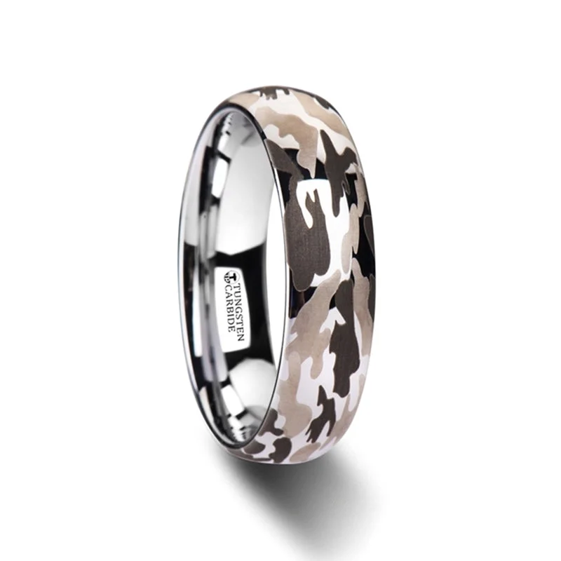 Affordable platinum ladies rings-Tungsten Men's Wedding Band with Black & Gray Camoflauge Pattern