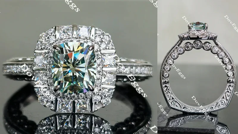 Engagement rings with fancy cut diamonds-Gabriela cushion halo Peacock blue moissanite engagement ring