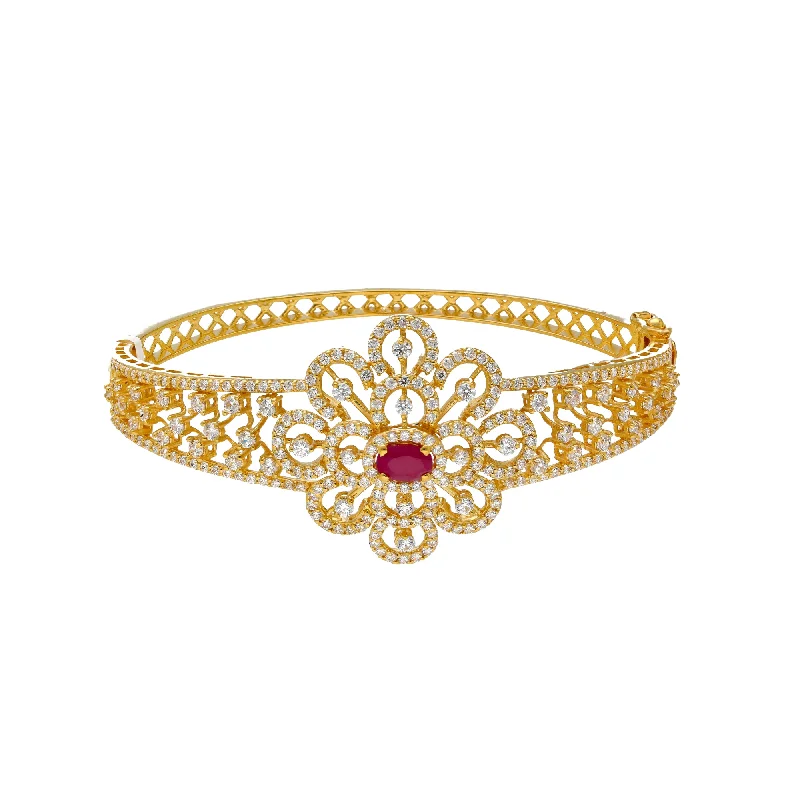 Stackable ladies bracelets for layering-22K Yellow Gold Bangle w/ CZ &Ruby (23.5gm)