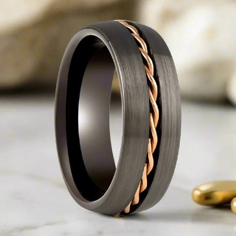 Ethically sourced diamond ladies rings-ROSIUM | Gunmetal Tungsten Ring, Rose Gold Rope Inlay, Domed