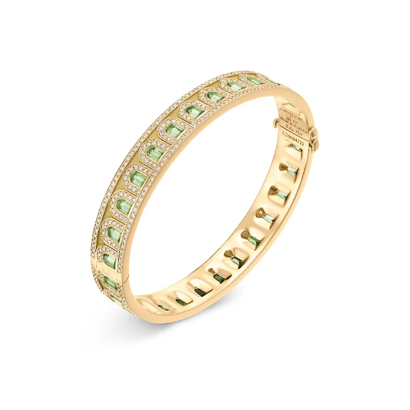 Classic silver bangles for daily wear-L'Arc Deco Bangle in 18k Yellow Gold with DAVIDOR Arch Cut Green Tourmalines and Brilliant Diamonds