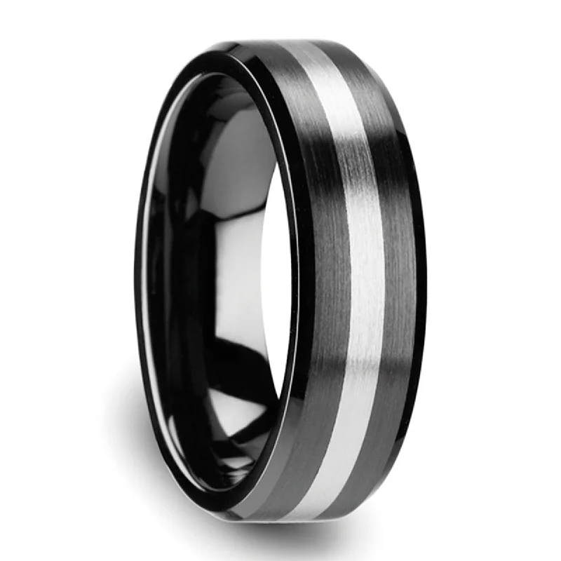 Elegant platinum ladies rings-Black Ceramic Men's Wedding Band with Tungsten Inlay