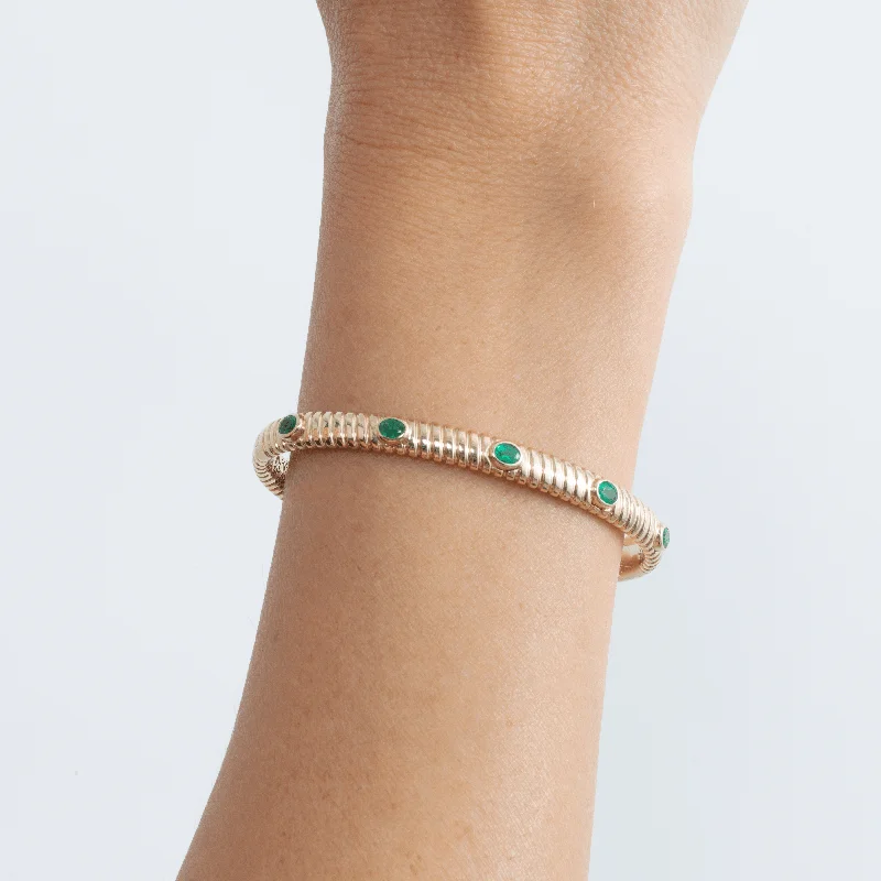 Adjustable gemstone bangles-14k Gold Ribbed Emerald Bangle, Melina