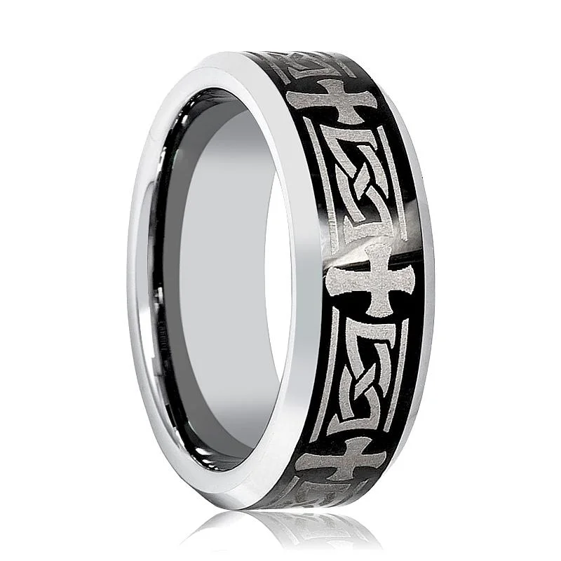 Contemporary ladies rings with stones-GARROS | Silver Tungsten Ring, Celtic Cross Design, Beveled