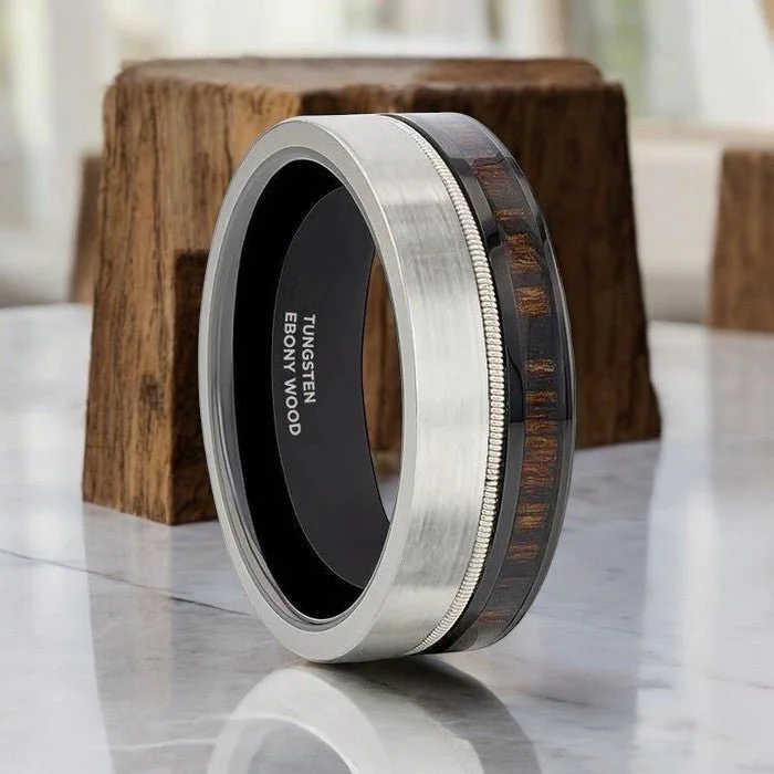 High-end diamond ladies rings-SLATE | Tungsten and Black Ceramic Ring Hybrid, Guitar String, Ebony Wood Inlay