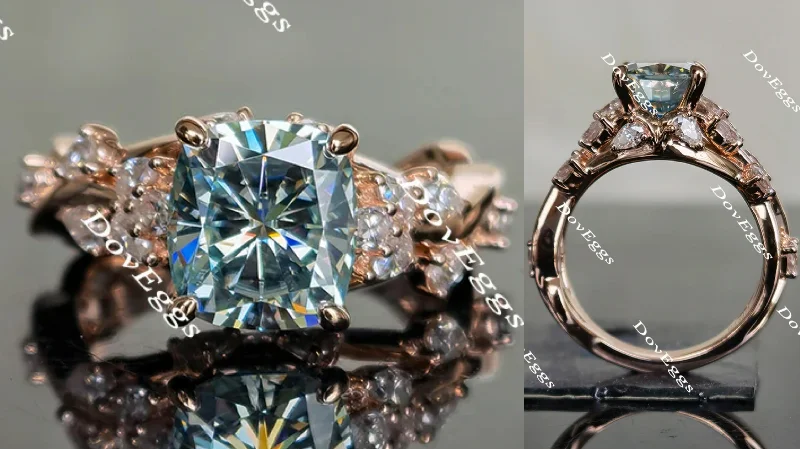 Custom name engagement rings for her-Doveggs peacock blue elongated cushion moissanite engagement ring for women