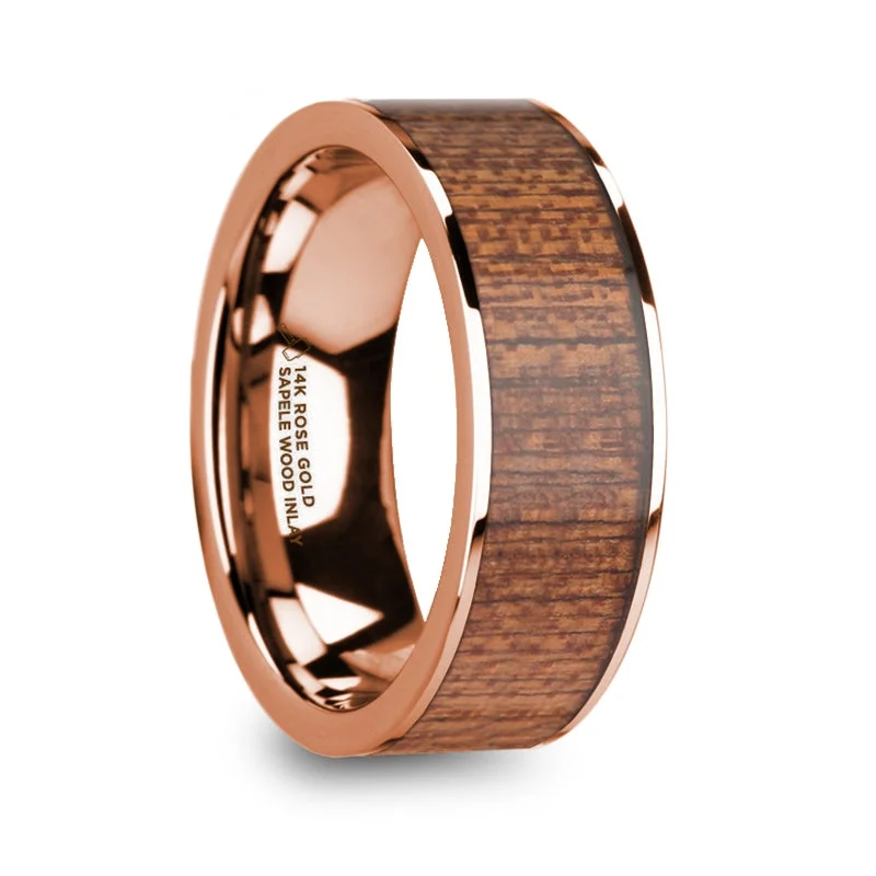 Ladies rings with antique design-Sapele Wood Inlay 14k Rose Gold Men's Wedding Band