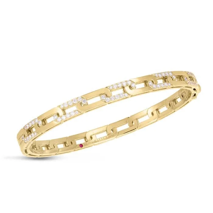 Colorful bangles with gemstones-Roberto Coin Navarra Slim Diamond Link Oval Bangle in 18K Yellow Gold