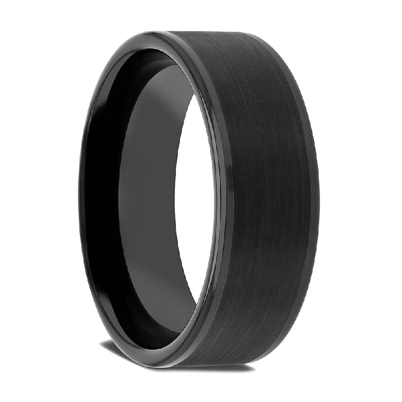 Classic silver ladies rings-Brushed Center Black Ceramic Men's Wedding Band