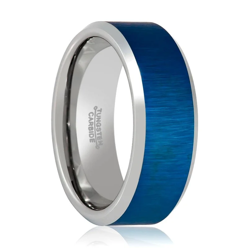 Multi-stone ladies rings-WAYLON | Silver Tungsten Ring, Blue Brushed, Beveled