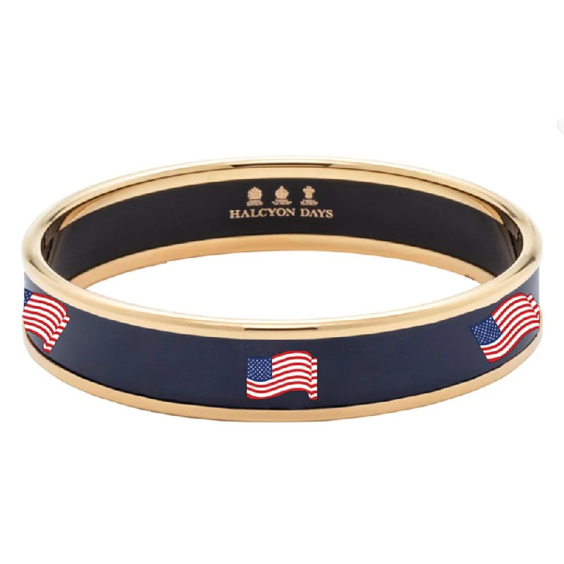 Personalized ladies bangles for gifts-Halcyon Days 1cm The Stars & Stripes Navy & Gold Enamel Bangle