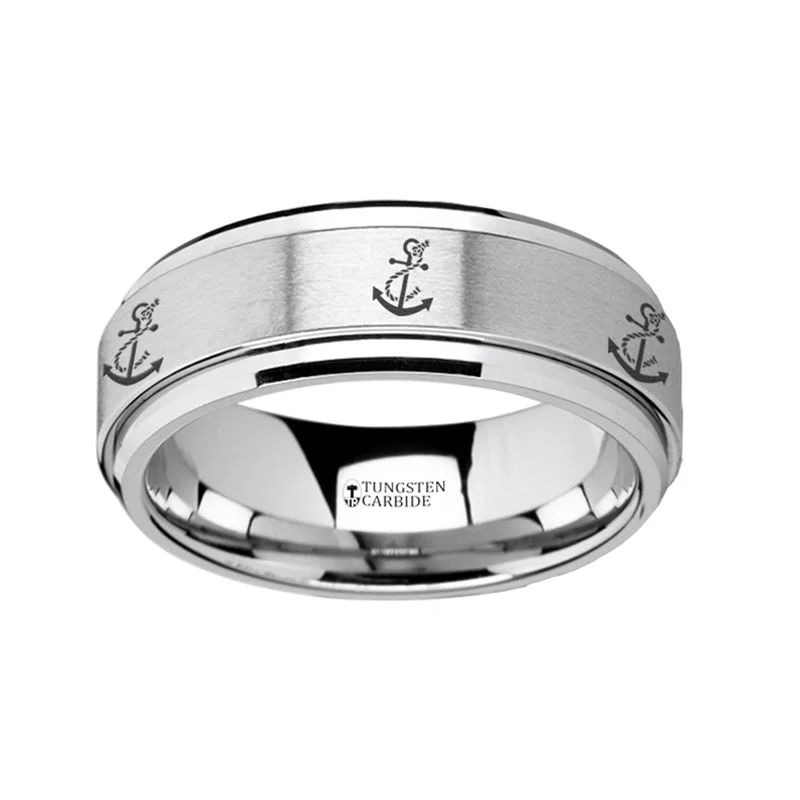 Ladies rings with birthstones-Artistic Anchor Engraved Spinner Tungsten Wedding Band