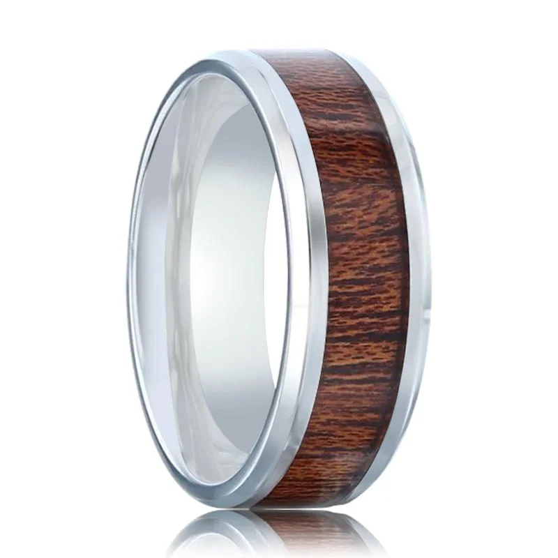 Unique rose gold ladies rings-MELIA | Silver Titanium Ring, Mahogany Wood Inlay, Beveled