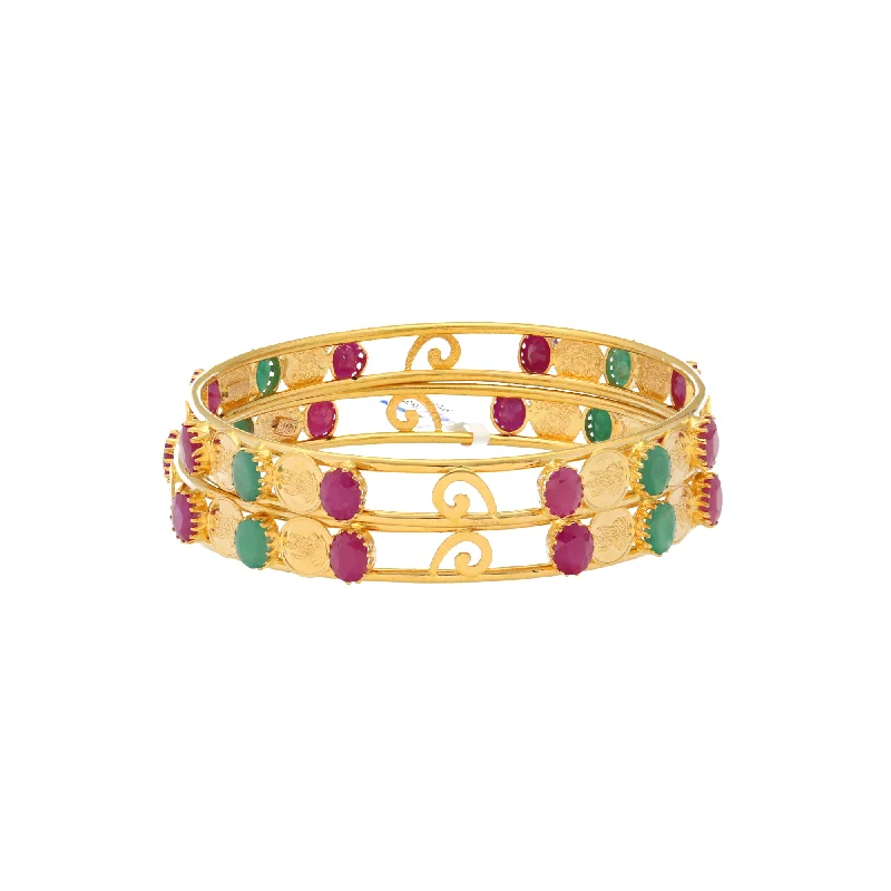 Custom design ladies bracelets-22K Yellow Gold Temple Bangle Set of 2 w/ Emerald & Ruby (30gm)