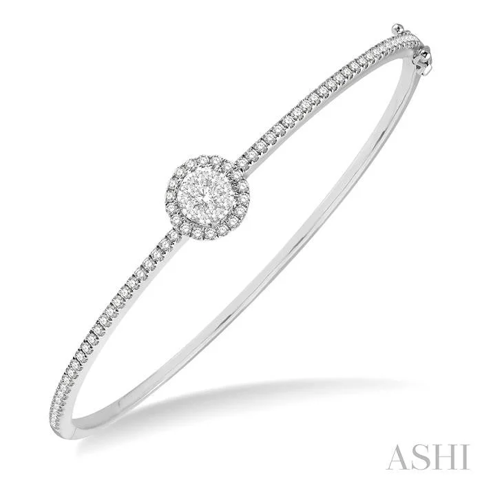 Handcrafted ladies bracelets with stones-STACKABLE ROUND SHAPE HALO LOVEBRIGHT ESSENTIAL DIAMOND BANGLE